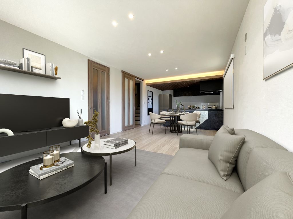 No.28/LDK
ストレートにつながるLDKは家族の様子に目が届きやすいプランです。
※家具類はCGによるイメージです
(2025年1月撮影) No.28LDK_CG家具入り