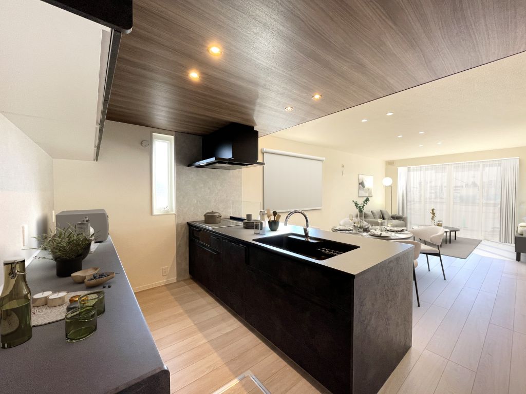 No.28/キッチン
シックな色合いでまとめられたキッチンはスタイリッシュ&収納力◎
※家具類はCGによるイメージです
(2025年1月撮影) No.28キッチン_CG家具入り