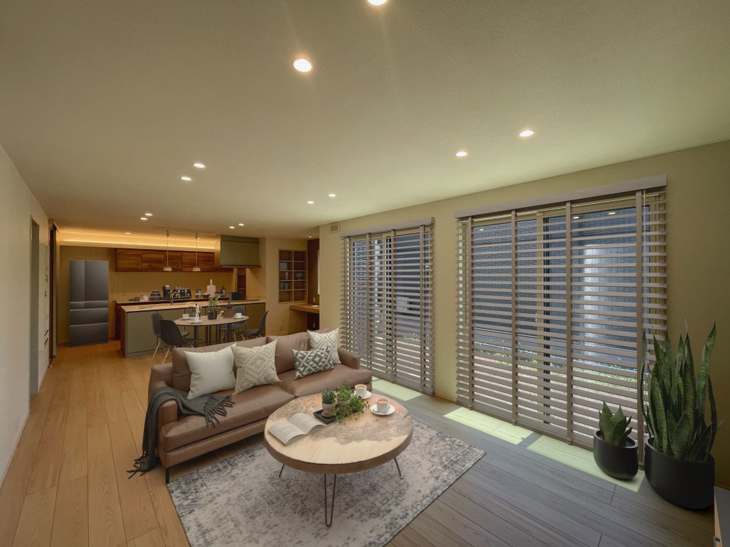 No.9/LDK:お庭側の窓があるから、庭で遊ぶ家族の姿も室内から見守れます(25年7月撮影)
※家具はCGによるイメージです No.9LDK_CG家具入り