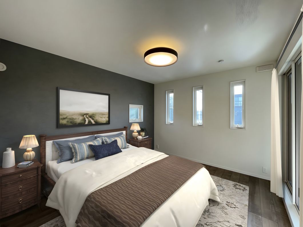 水戸市米沢町分譲地No1_主寝室(26年1月撮影)
※家具、インテリア等はCGによるイメージです 水戸市米沢町分譲地No1_主寝室